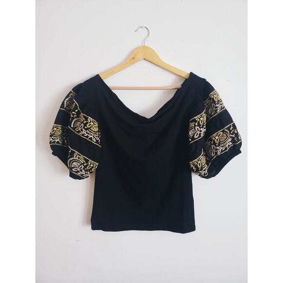 Free People Rock With It Puff Sleeve Embroidered Top Black Size Medium - Picture 5 of 10